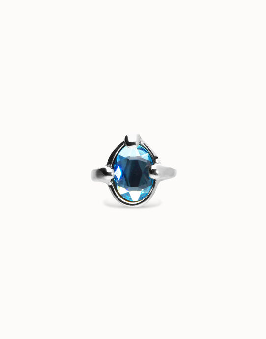 Anello placcato in argento con cristallo ovale sfaccettato blu
